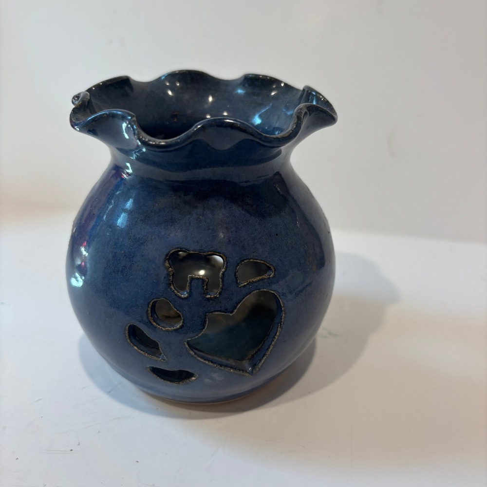 Studio Pottery Blue Glazed Votive Candle Holder Heart Paw Print Ruffled Rim